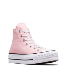 Fall in love with the timeless styling and comfort of these womens Chuck Taylor All Star Lift donut glaze/white/black (pink) platform sneakers by Converse. Made of canvas upper featuring the iconic Chuck Taylor ankle patch at the medial side, these high-top sneakers have a round cap toe and lace-up closure. A padded footbed with OrthoLite technology provides optimal support and moisture management while the stacked platform lends a boost of height. | Converse Women's Chuck Taylor All Star Lift P Converse High Tops Platform, Pink Platform Sneakers, Black And White Converse, Pink Platform, Chuck Taylor All Star Lift, Pink Platforms, Pink Converse, Donut Glaze, Platform Sneaker