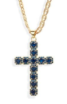 Colorful round cubic zirconia cluster on this eye-catching cross pendant set on an 18-karat gold-plated chain with intricate etchings. 18k-gold plate/cubic zirconia Made in the USA of imported materials Unique Cross Necklace Womens, Italian Cross Necklace, Blue Cross Necklace, Big Cross Necklace, Stacked Gold Necklaces, Christian Necklaces, Cross Pendant Necklace Woman, Crosses Jewelry, Gold Vintage Jewelry