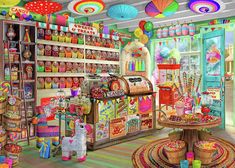 the candy shop is filled with lots of colorful items