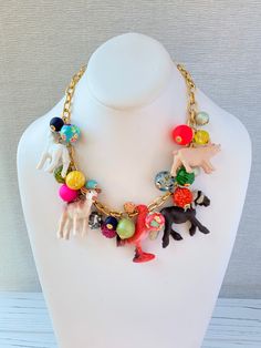 Lenora Dame Farm Life Animal Charm Necklace - Etsy Unique Multicolor Necklaces With Charms, Dinosaur Necklace, Cat Bead, Pink Carnations, Barnyard Animals, Birthday Weekend, Jewelry To Make, Jewelry Maker, Brass Chain