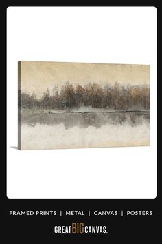 a painting with trees in the background and text that reads, framed prints metal canvass posters