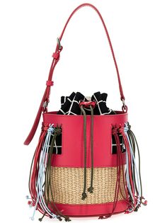 a red purse with tassels on the handles and straps is shown against a white background