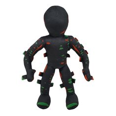 a black stuffed animal with green and red spots on it's body, standing upright