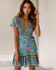 Elluis - Exquisite Bohemian Print Maxi Dress Beach Ensemble with Authentic V-Neck, Short Sleeves, and Open Cardigan Green V-neck Boho Dress For Spring, Bohemian Summer Dress With Surplice Neckline, Fitted Multicolor Boho Dress For Vacation, Fitted V-neck Boho Dress With Boho Print, Fitted Boho Dress With Boho Print For Vacation, Fitted Printed Boho Dress For Vacation, Fitted Boho Dress With Print For Vacation, Green Boho Dress With Short Sleeves For Summer, Fitted Multicolor Boho Dress For Summer