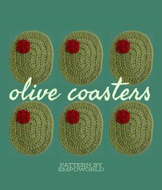 four crocheted coasters with the words olive coasters written in white and red