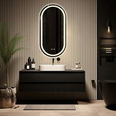 a bathroom with a sink, mirror and bathtub in black color scheme on the wall