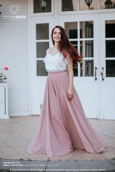 Dark Blush Chiffon "Sunset" Full Sun Flying A-line Skirt and Lara Ruffled Silk Top available in Plus Size by StylishBrideAccs on Etsy Feminine Summer Tulle Maxi Skirt, Feminine Tulle Maxi Skirt For Summer, Flared Lined Skirt For Summer, Summer Flowy Bridesmaid Maxi Skirt, Summer Bridesmaid Maxi Skirt, Flowy Ruffled Maxi Full Skirt, Summer Wedding Flowy Maxi Skirt, Flowy Chiffon Dress With Pleated Skirt, Long Summer Skirt For Bridesmaid