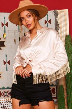 Lena Satin Fringe Blouse – Hippie-Ki-Yay Boutique Fall Party Blouse With Buttons, Chic Party Blouse With Button Closure, Chic Party Blouse, Button-up Padded Blouse For Party, Padded Button-up Party Blouse, Padded Button-up Blouse For Party, Spring Party Blouse With Buttons, Spring Party Blouse With Button Closure, Western Glam Outfit