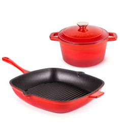 two red cast iron pans with lids and handles, one has an empty frying pan