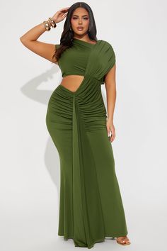 Available In Black And Olive. Maxi Dress Asymmetrical High Neckline Short Sleeve Side Cut Out Ruched Draped Detail Stretch Shell: 94% Polyester 6% Spandex Lining: 100% Polyester Imported | Aria Cut Out Maxi Dress in Olive Green size XS by Fashion Nova Student Costume, Olive Maxi Dress, Olive Fashion, Cut Out Maxi Dress, Dress Asymmetrical, Birthday Shoot, Sweater Jumpsuit, Halloween Dress, Matching Dresses