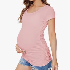 Side Ruched, Stretchy Material T-Shirt Top , The Color Is Pink Rose , Length 27” Bust 38” With Some Stretch Spring Short Sleeve Tops, Bump Friendly, Spring Short Sleeve Bump-friendly Tops, Bump-friendly Short Sleeve Tops For Spring, Spring Bump Friendly Short Sleeve Tops, Casual Fitted Maternity T-shirt, Fitted Short Sleeve Tops For Maternity Wear, Fitted Maternity Tops, Fitted Short Sleeve Maternity Top, Maternity Summer Tops With Short Sleeves