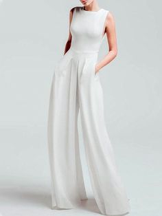 Elegant Sleeveless Wide Leg Pants Pockets Jumpsuit White Jumpsuits, Overalls Casual, Pocket Jumpsuit, Colorful Jumpsuit, Loose Jumpsuit, Wedding Jumpsuit, Jumpsuit Elegant, Looks Party, Fashion Bottoms