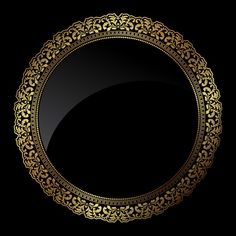 a black and gold circular frame with an ornate pattern on the border, in front of a dark background