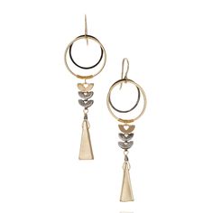 Metal Earrings - Architectural design inspired by the gold jewelry and decorative aesthetic of ancient Egypt. Two overlapping circles suspend the lower elements with a signature wire wrapping technique.  A set of three unique and custom designed semi-circle shapes form a linear capstone to the elongated triangle that balances out the design for a captivating look. French hook-style ear wires. Nickel-free components. Elegant Gold Hoop Earrings With Oxidized Finish, Modern Metal Earrings With Oxidized Finish, Contemporary Oxidized Metal Earrings, Elegant Brass Hoop Earrings With Oxidized Finish, Elegant Oxidized Brass Hoop Earrings, Contemporary Teardrop Metal Jewelry, Gold Fusion Earrings With Oxidized Finish, Contemporary Brass Jewelry With Matching Earrings, Contemporary Yellow Gold Metal Earrings