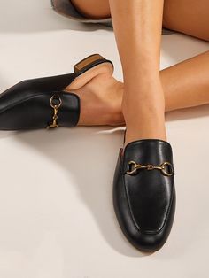 Metal Decor Loafer Mules | EMERY ROSE Gucci Mules Outfit, Corporate Shoes, Mules Outfit, Shein Shoes, Black Mules, Ballerina Slippers, Loafers Online, Women's Mules, Black Loafers