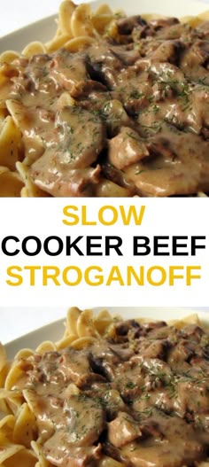 two pictures of slow cooker beef stroganonof with text overlay