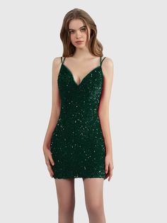 #color_Emerald Green V-neck Contrast Sequin Party Dress, V-neck Contrast Sequin Dress For Party Season, V-neck Mini Dress With Contrast Sequin For Prom, Holiday V-neck Sequin Evening Dress, Holiday V-neck Sequin Dress, V-neck Contrast Sequin Dress For Prom, V-neck Sequin Dress With Contrast Sequin For Homecoming, V-neck Sequin Dress With Contrast Details For Homecoming, Homecoming V-neck Sequin Dress