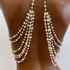 Back Jewelry Wedding Pearl, Bead Body Jewelry, White Pearl Body Jewelry With Pearl Chain, Pearl Beaded Body Chain For Wedding, White Pearl Necklace With Adjustable Chain For Party, White Pearl Chain Jewelry For Party, White Beaded Pearl Body Jewelry, Pearl White Party Jewelry With Chain, Adjustable Dangle Backdrop Necklace For Party