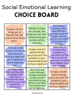 This SEL Choice Board is perfect to use:-during distance/eLearning days-with substitute teachers-in class to support SEL growth-as supplemental homework-on long breaks from school-with families to build home/school connectionPerfect for both in-class use and virtual learning environments, the choice board offers a variety of engaging options from gratitude journals to mindfulness exercises allowing students to select activities that resonate with them. Foster a supportive and reflective classroom atmosphere while empowering your students to understand and manage their emotions with this essential SEL tool! Emotional Bank Account Classroom, Classroom English, Gratitude Journals, Build Home, Choice Board, Kindness Activities, Social Emotional Learning Activities, Spanish Speaking, 8th Grade Ela