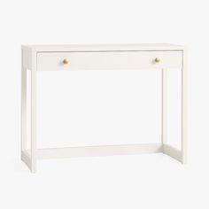 a white console table with two drawers on one side and gold knobs on the other