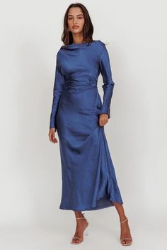 Shop the Loveland Cowl Back Midi Dress Navy | Selfie Leslie Elegant Long Sleeve Bias Cut Maxi Dress, Long Sleeve Satin Midi Dress For Formal Occasions, Long Sleeve Midi Dress For Evening Wedding, Maxi Length Ruched Midi Dress For Bridesmaids, Long Sleeve Evening Midi Dress For Wedding, Long Sleeve Bias Cut Party Dress, Formal Long Sleeve Satin Midi Dress, Elegant Long Sleeve Evening Dress For Date Night, Long Sleeve Midi Dress For Prom Season