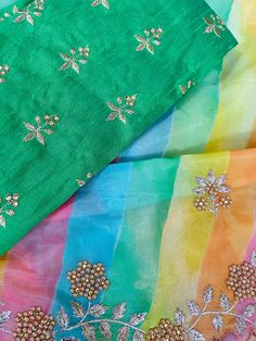 Rainbow color organza saree with embroidery cut work in pearls Comes with blouse piece Transparent Green Organza Blouse Piece With Zari Work, Navratri Organza Blouse Piece With Cutdana, Festive Green Organza Blouse Piece, Festive Resham Embroidery Blouse Piece In Organza, Festive Resham Embroidery Organza Blouse Piece, Organza Blouse With Dori Work, Organza Blouse Piece With Dori Work, Diwali Organza Blouse With Resham Embroidery, Diwali Resham Embroidery Organza Blouse Piece