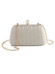 Meet your new favorite winter clutch, the Lavinia Minaudiere from Shiraleah. This versatile bag features a subtle woven texture in a classic white color with an interchangeable single handle and chain. Switch it from a chic clutch, to a mini bag or cross-body! The top push-lock closure is a shiny faux pearl, adding a sophisticated detail to your style. Pair with other items from the Shiraleah collection to complete your look! Shiraleah is a trend-driven lifestyle brand focused on the little gift Luxury Women's Clutch With Pearl Handle, Elegant Pearl White Clutch With Pearl Handle, Luxury Clutch With Pearl Handle, White Luxury Clutch With Pearl Handle, Luxury Pearl White Clutch Bag, Spa Wraps, Accessories Display, Woven Texture, Zip Pouch