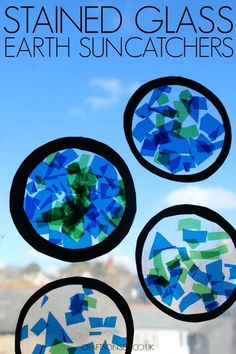 stained glass earth sun catchers are shown in front of a window with the words stained glass earth sun catchers on it