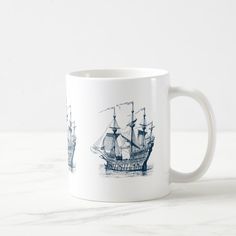 a coffee mug with an image of a pirate ship