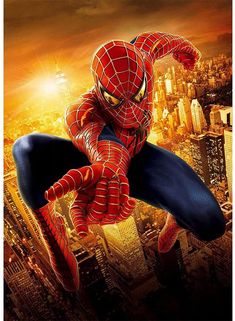 the amazing spider - man movie poster is shown in mid air with city lights and skyscrapers in the background