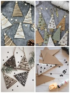 christmas tree ornaments made out of cardboard and string are shown in four different pictures, including one