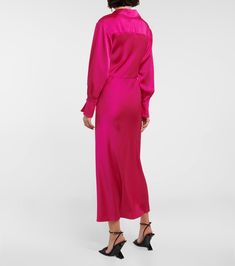 Talita satin midi dress in pink - Simkhai | Mytheresa Party Midi Dress With Satin Finish In Modal Satin, Chic Party Midi Dress In Modal Satin, Chic Modal Satin Midi Dress For Party, Party Midi Dress With Satin Finish, Sleek Draped Dinner Dresses, Silk Maxi Dress With Draped Sleeves For Dinner, Date Night Ruched Midi Dress In Viscose, Ruched Viscose Midi Dress For Date Night, Sleek Modal Satin Midi Dress For Date Night