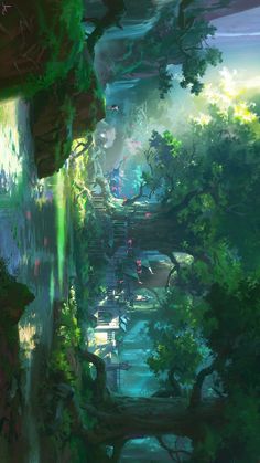 an image of a fantasy forest scene with waterfalls and trees in the foreground