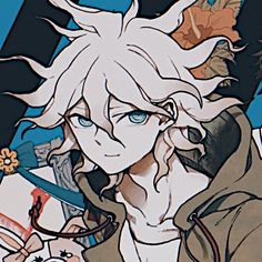 an anime character with white hair and blue eyes holding a knife in his right hand