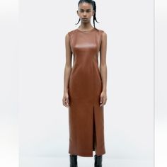 Sold Out Style Nwt Price Firm Dress Midi Elegant, Zara Midi Dress, Brown Midi Dress, Leather Midi Dress, Gathered Dress, Fitted Mini Dress, Faux Leather Dress, Strapless Midi Dress, Ruched Midi Dress