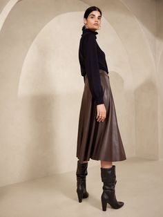 Vegan Leather Midi Skirt | Banana Republic Factory Sleek Leather Midi Skirt, Brown Leather Flared Skirt, Leather Skirt Bottoms For Workwear, Leather Skirt For Workwear, Winter Leather Midi Skirt, Sleek Fall Skirt, Leather Lined Skirt For Winter, Sleek Relaxed Skirt For Fall, Sleek Lined Skirt For Fall