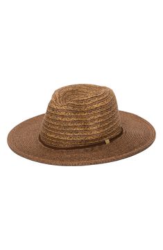 A wide brim lends soft shade to a breathable woven hat with a leather braid that trims a dimpled crown. Paper Imported Casual Brown Braided Fedora, Casual Braided Brimmed Hat, Casual Brown Straw Hat, Adjustable Brown Woven Fedora, Brown Woven Fedora Straw Hat, Brown Woven Straw Fedora, Casual Braided Brimmed Panama Hat, Casual Braided Fedora Sun Hat, Casual Braided Brimmed Straw Hat