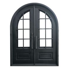 an arched black door with two windows