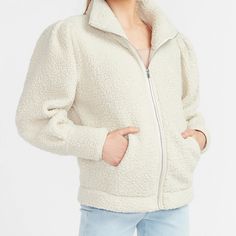 Cozy Vegan Leather Trim Sherpa Sweatshirt In Shade Oatmeal A Cream Ivory Color New Nwt Fits Size S & Xs Since Oversized Size Xs According To Tags Designed With Our Softest Sherpa For Your Coziest Fit, This Jacket Gives You The Comfort You Deserve Vegan Leather Trim And Puff Sleeves Add Extra Style Elements Features & Fabric Stand Collar; Zip Front With Vegan Leather Trim Puff Shoulders; Long Sleeves Hand Pockets; Sherpa Fabric Straight Hem Polyester Bloggers Favorite -Notice The Last 2 Photos Cozy Fit White Outerwear For Fall, Casual Cream Outerwear With Soft Texture, Cozy Cream Fleece Jacket, Cozy Outerwear In Winter White With Soft Texture, Cozy Off White Outerwear For Fall, Cozy White Fleece Jacket For Fall, Cozy Cream Soft Textured Outerwear, Cozy Cream Outerwear For Everyday Wear, Cream Cozy Soft-textured Outerwear