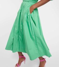 Effervescent colors and amplified volume define Oscar de la Renta's eveningwear capsule. Made from pure cotton poplin in aloe green, this gown has voluminous puff sleeves, an off-shoulder neckline, and a flared silhouette with sharp pleating and a midi hem..Lining: 100% cotton, fully lined.Made in Italy.Closure: zipped back.Designer color name: Aloe.Care instructions: dry clean.Material: 100% cotton.Detachable belt.True to size.Off-the-shoulder.Cinched waist.Mid-weight material.The model seen in Elegant Poplin Summer Dress, Elegant Summer Poplin Dress, Elegant Poplin Dress For Summer, Cotton Dress With Pleated Waist And Voluminous Skirt, Summer A-line Maxi Dress With Voluminous Skirt, Spring Solid Color Maxi Dress With Pleated Bodice, Spring Maxi Dress With Pleated Bodice, Spring Cotton Maxi Dress With Flowy Skirt, Spring Maxi Dress With Voluminous Flared Skirt