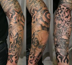 three different views of a man's arm with tattoos on it