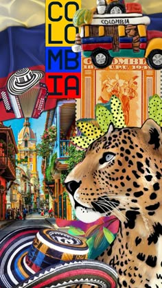 a collage of different pictures including a leopard, car and other things in the background