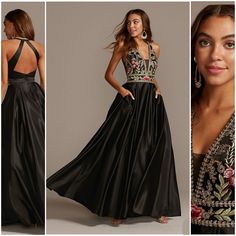 Elegant, Luxe Satin Halter Gown Is Embroidered At The Bodice With Ornate Florals That Are Finished With Gold Detailing And Texturized With Corded Lace. The Elegant Embellishment Is Paired With An Illusion Plunge, An Open Back, And A Full Ball Gown Skirt With Pockets. Zipper Back, Polyester, Fully-Lined. Size 1/2. Hangtag Says 2 But Label Inside Dress Says 1. Brand New With Tags! Never Worn. Retails For $310 At Dillard's. Black Floral Embroidery Prom Dress, Formal Evening Dress With Floral Embroidery And Fitted Bodice, Embroidered Evening Dress For Prom, Formal Black Dress With Floral Embroidery, Black Floral Embroidery Evening Dress, Embroidered Fitted Ball Gown Evening Dress, Elegant Embroidered Evening Dress For Prom, Black Floor-length Dress With Floral Embroidery, Embroidered Gala Dresses With Fitted Bodice