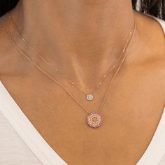 The ultimate dainty and delicate diamond necklace, this mini disc pendant sparkles with pavé-set round diamonds. A DRD favorite, this diamond pendant necklace continues to be a best-seller year after year as it is classic and versatile. An easy everyday layering necklace, it also makes the perfect gift. The diamond-cut cable chain catches the light and adds an extra sparkle to the whole piece. The Lauren Joy Mini Disc necklace is perfect for lovers of delicate jewelry. The necklace is available Delicate Diamond Necklace, Dana Rebecca Designs, Disc Pendant, Disc Necklace, Delicate Jewelry, Layering Necklace, Diamond Pendant Necklace, For Lovers, Bridal Rings