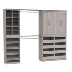 an open closet with shelves and drawers on each side, in front of a white background