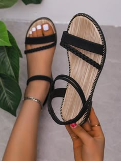 Black Fashionable Collar   Plain Ankle Strap Embellished   Women Shoes Black Strappy Sandals Flat, Women Sandals Flat, Cute Black Sandals, Black Dress With Sandals, Simple Sandals Flat, Flat Shoes For Women, Sandals For Dress, Dress With Sandals Outfit