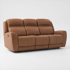 a brown leather reclining sofa with two seats on the back and armrests