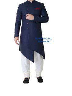 "This dress is shipped to you via a fast shipping so that normally the product is delivered to you in 3 to 5 days Package Include : Indo western + Chodidar pyjama Additional Information 1 Mojris, Stoles, Turban, And Other Accessories Are Not Sold Along With The Dress. Additional Information 2 As This Indo western/ Sherwani/ Waistcoat/ Kurta Are Made As Per Orders So Kindly Choose Custom made men quilted wedding sherwani, Royal achkan, Indo western / sherwani, Indian wedding Suit, Men Silk sherwa Designer Kurta With Cutdana For Eid, Designer Wear Cutdana Kurta For Eid, Designer Wear Eid Kurta With Cutdana, Designer Kurta With Cutdana For Diwali, Designer Cutdana Kurta For Diwali, Designer Diwali Kurta With Cutdana, Designer Kurta With Traditional Drape For Navratri, Elegant Nehru Jacket For Navratri Festival, Blue Bandhgala For Navratri Designer Wear