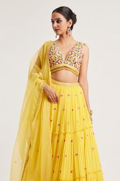 Yellow attached can-can lehenga featuring floral hand embroidery with pearl and sequin work. Paired with padded, hand embroidered blouse and a dupatta. - Aza Fashions Floral Hand Embroidery, Hand Embroidered Blouse, Lehenga Pattern, Can Can, Embroidered Blouse, Set For Women, Indian Outfits, Aza Fashion, Indian Fashion