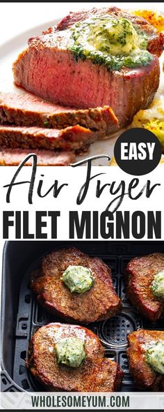 an air fryer with steaks and vegetables on it, the title says easy air fry